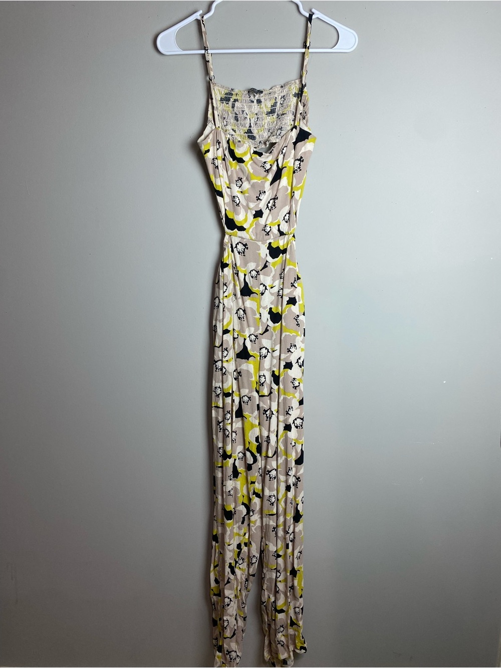 Lily Rose Beige Floral Slip Jumpsuit with Yellow & Black Accents